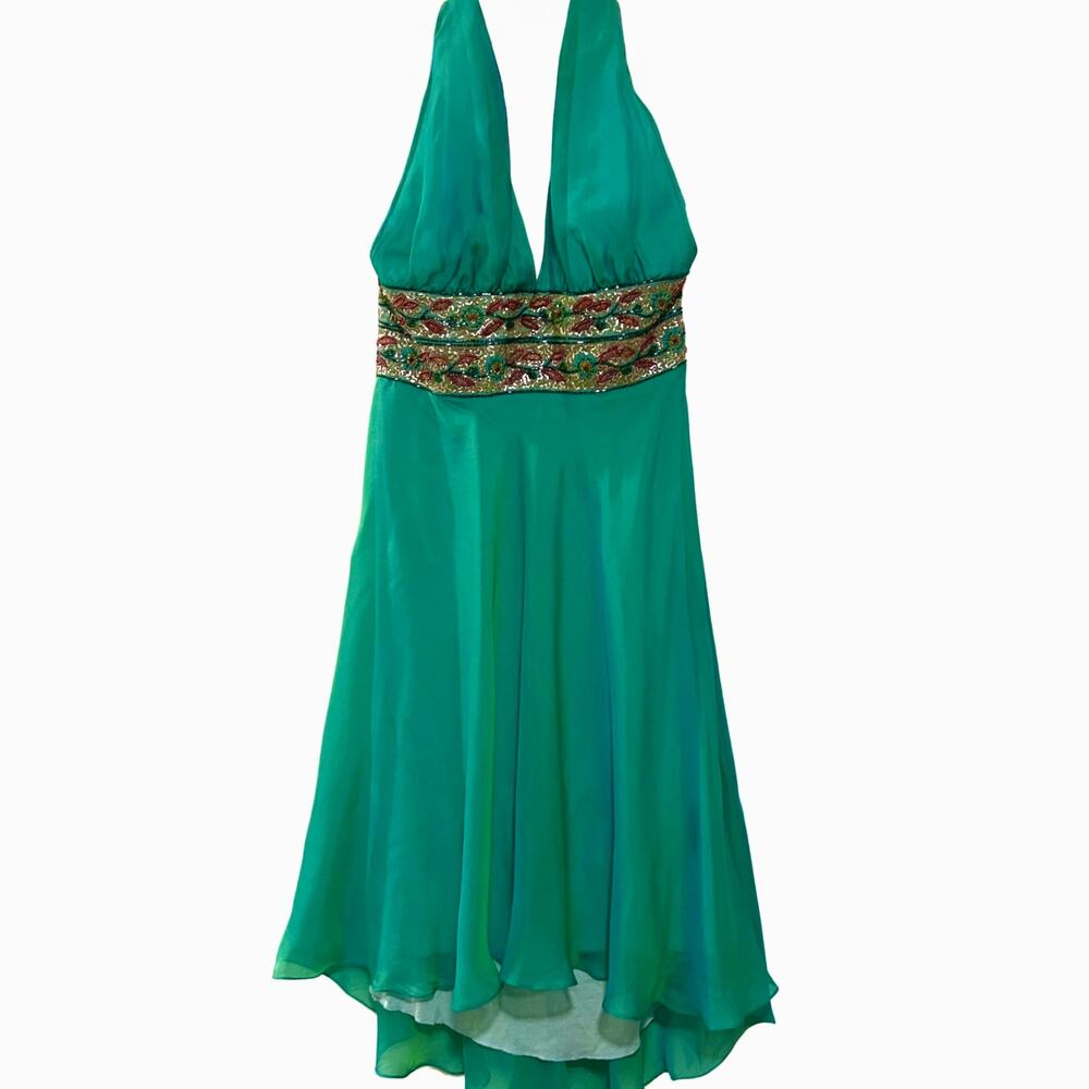 Vintage Y2K Silk Beaded Fairy Dress Halter Teal Iridescent Empire High Low Prom